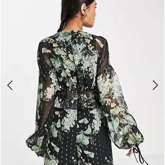 ASOS Design matching printed blouson sleeve top with tie channel waist chiffon - Picture 2 of 4